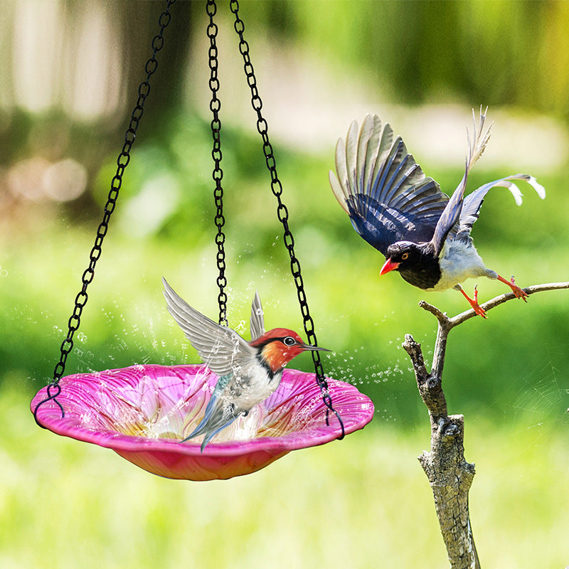 Pink Decorative Hanging Glass Flower Bird Bath - 8.1 Inch Vibrant Outdoor Garden Accent