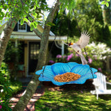 Blue Decorative Hanging Glass Flower Bird Bath - 10 Inch Vibrant Outdoor Garden Accent - Front View