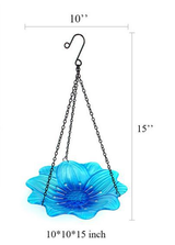 Blue Decorative Hanging Glass Flower Bird Bath - 10 Inch Vibrant Outdoor Garden Accent - Side View