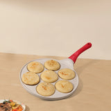 Beige Cartoon + Wood Grain Handle (Gas Model) Non-Stick Pancake Pan - 7-Hole Fun Shapes Breakfast Griddle (27cm) - Front View