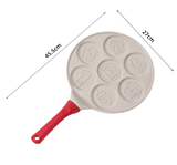 Beige Large Flat + Wood Grain Handle (Gas Model) Non-Stick Pancake Pan - 7-Hole Fun Shapes Breakfast Griddle (27cm) - Front View