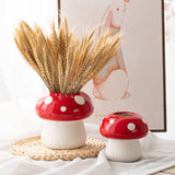 Small Size Red Whimsical Ceramic Mushroom Vase - Decorative Floral & Hydroponic Planter - Front View