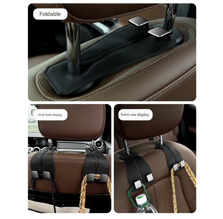 Red Brown Heavy Duty Car Headrest Hooks (Set of 4 Units) - PU Leather Seat Back Organizer Hangers
