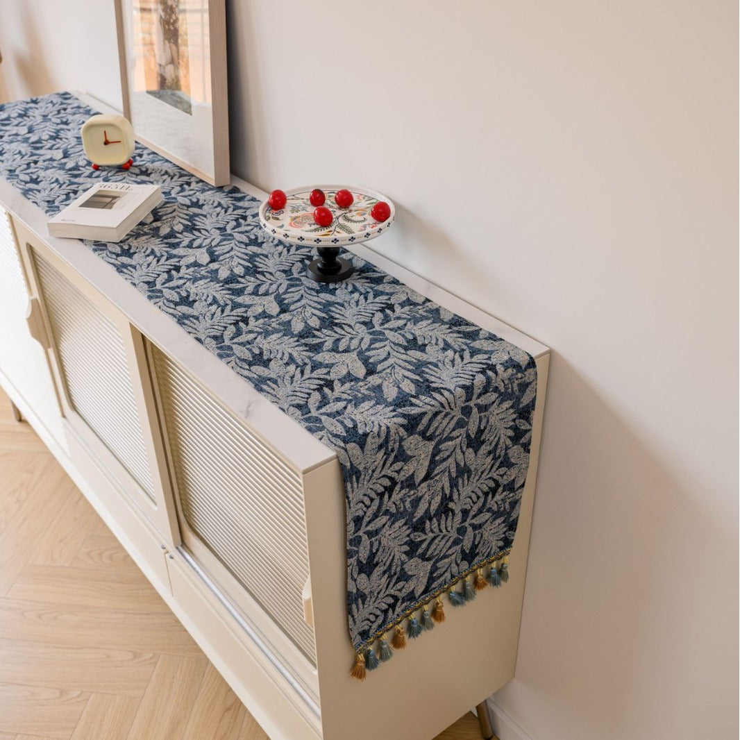 Jacquard Blue Water Plant 33-180cm Elegant Geometric Jacquard Table Runner with Tassels - Modern Dining & Coffee Table Decor