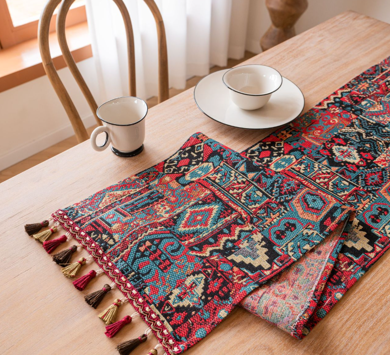 Jacquard Date Red Two Orioles 33-180cm Elegant Geometric Jacquard Table Runner with Tassels - Modern Dining & Coffee Table Decor