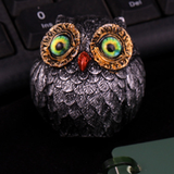 3Pcs Green Small Decorative Resin Owl Figurine - Textured Statue with Blue Eyes - Side View