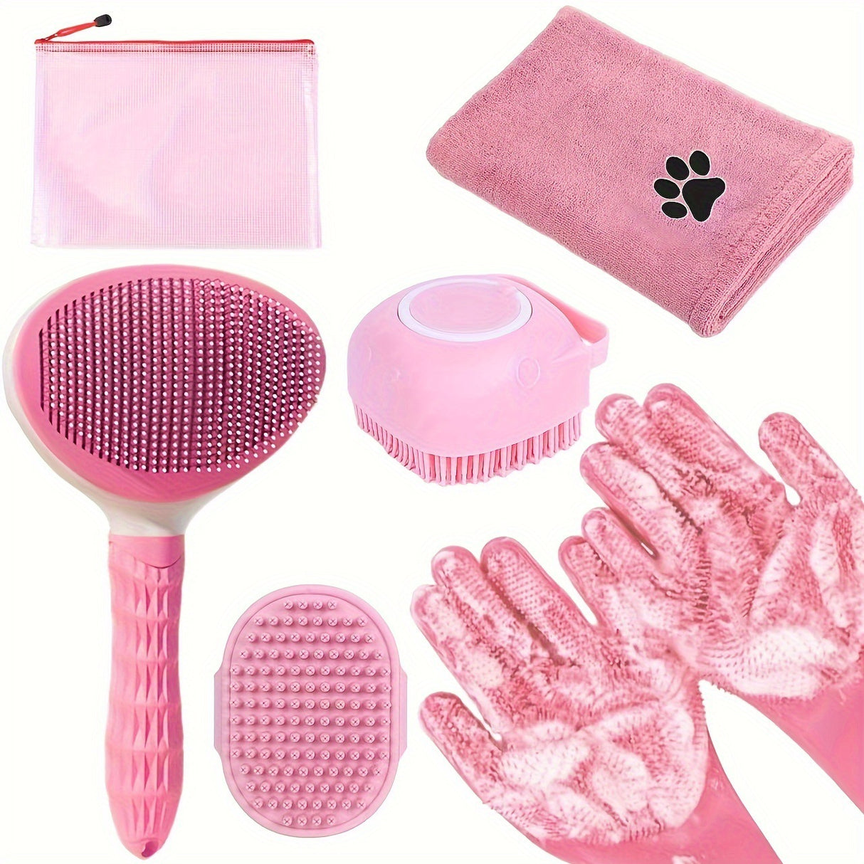 Pink 6-Piece Dog Grooming Bath Set - Absorbent Microfiber Towels & Wash Mitts for Shiny Coats