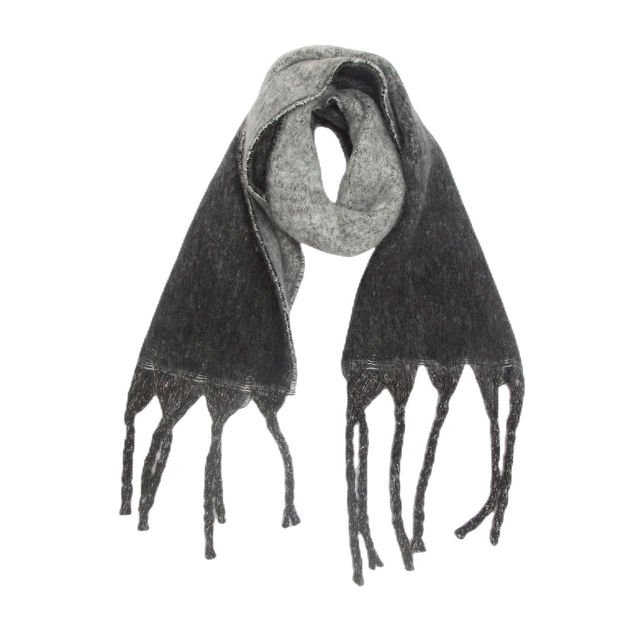 Black Plush Gradient Winter Scarf Shawl - Thick Textured Circle Yarn with Chunky Tassels - 185cm x 40cm