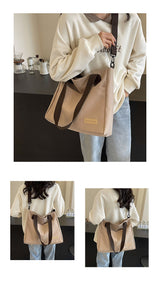 Stylish khaki canvas tote bag with detachable shoulder strap - Front View