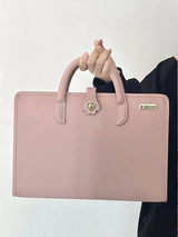 Stylish Leather Laptop Sleeve with Handle and Perforated Design - Soft Pink Color - Front View