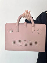 Stylish Leather Laptop Sleeve with Handle and Perforated Design - Soft Pink Color - Side View