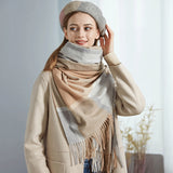 Cozy Color Block Fringe Scarf - Khaki Shawl for Fall and Winter - Front View