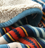 Double-Sided Geometric & Plush Throw Blanket - Warm 70x100cm Multi-Use Wrap(Color stripes/Back side light brown) - Top-Down View