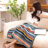 Double-Sided Geometric & Plush Throw Blanket - Warm 70x100cm Multi-Use Wrap(Color stripes/Back side light brown)