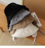 Plush Bucket Hat with Ear Flaps,Warm Furry Winter Hat in Khaki-One size (54-59cm) adjustable - Front View