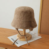 Plush Bucket Hat with Ear Flaps,Warm Furry Winter Hat in Khaki-One size (54-59cm) adjustable