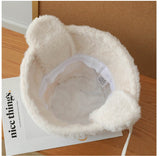 Plush Bucket Hat with Ear Flaps,Warm Furry Winter Hat in Khaki-One size (54-59cm) adjustable - Top-Down View