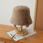 Plush Bucket Hat with Ear Flaps ,Warm Furry Winter Hat in Grey-One size (54-59cm) adjustable