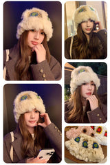 Plush Floral Bucket Hat,Warm Crocheted Winter Hat in Black and White-Hat circumference: 56-60cm