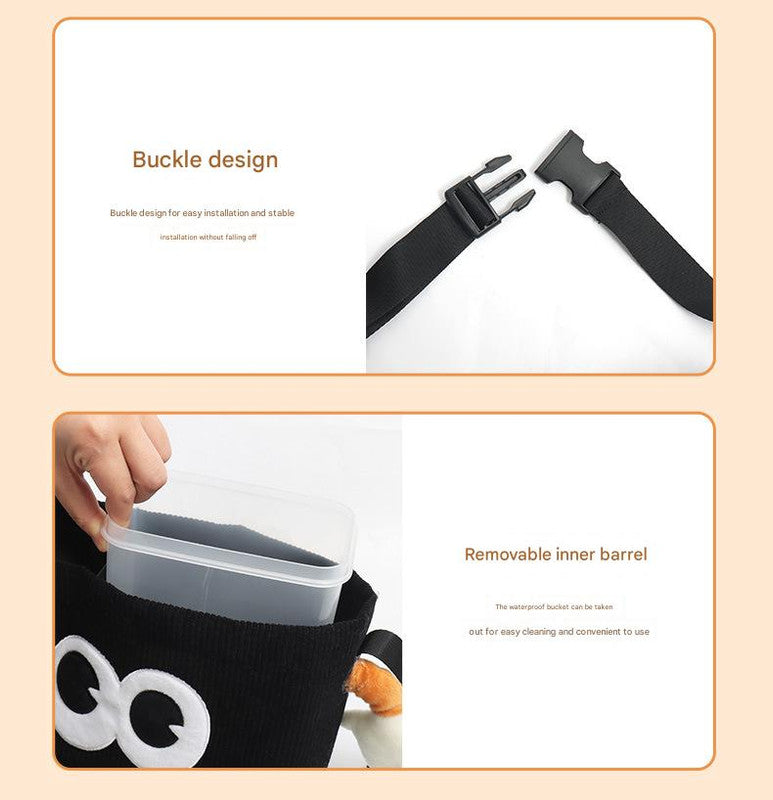 Brown Cute Cartoon Car Trash Bin with Adjustable Strap - Water-Repellent Corduroy (19x24cm)