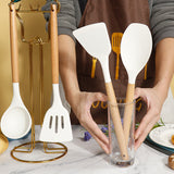 White 11-Piece Silicone Kitchen Utensil Set with Wooden Handles and Storage Bucket - Heat Resistant and Non-Stick - Front View