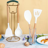 White 11-Piece Silicone Kitchen Utensil Set with Wooden Handles and Storage Bucket - Heat Resistant and Non-Stick - Side View