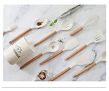 White 11-Piece Silicone Kitchen Utensil Set with Wooden Handles and Storage Bucket - Heat Resistant and Non-Stick - 45-Degree Angle