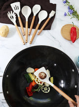 White 11-Piece Silicone Kitchen Utensil Set with Wooden Handles and Storage Bucket - Heat Resistant and Non-Stick - Low Angle