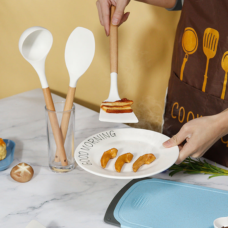 Dark Grey 11-Piece Silicone Kitchen Utensil Set with Wooden Handles and Storage Bucket - Heat Resistant and Non-Stick