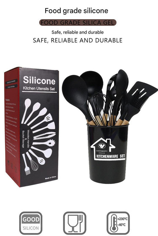 Red 11-Piece Silicone Kitchen Utensil Set with Wooden Handles and Storage Bucket - Heat Resistant and Non-Stick
