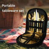 6-Piece Portable Stainless Steel Cutlery Set with Plate and Bag - Gold, Great for Camping and Travel (Teaspoon) - Front View