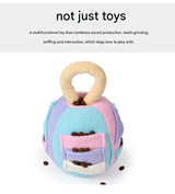 Interactive Dog Snuffle Ball Toy - Puzzle Treat Dispenser with Squeaker, blue pink - Rear View