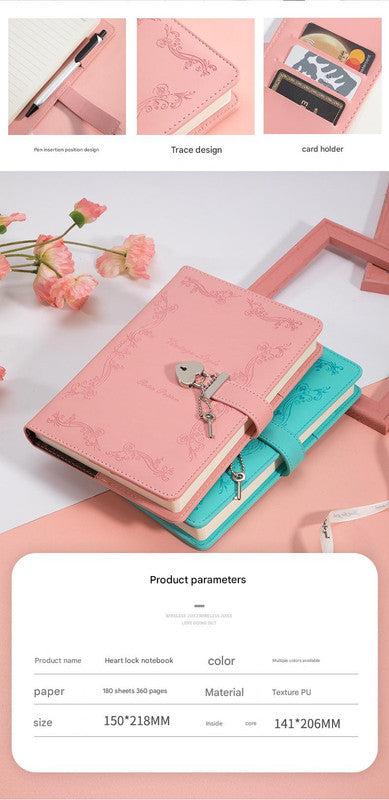 Heart Lock Diary with Key - Vintage Style Journal, Black PU Leather, Secure and Elegant