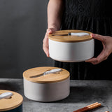 Yellow Nordic Ceramic Butter Dish with Knife - Airtight Cheese Container with Bamboo Lid, Kitchen Storage - Front View