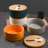 Yellow Nordic Ceramic Butter Dish with Knife - Airtight Cheese Container with Bamboo Lid, Kitchen Storage - Side View