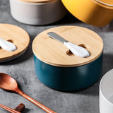 Yellow Nordic Ceramic Butter Dish with Knife - Airtight Cheese Container with Bamboo Lid, Kitchen Storage - Top-Down View
