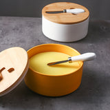 Yellow Nordic Ceramic Butter Dish with Knife - Airtight Cheese Container with Bamboo Lid, Kitchen Storage - 45-Degree Angle