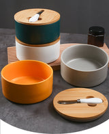 Yellow Nordic Ceramic Butter Dish with Knife - Airtight Cheese Container with Bamboo Lid, Kitchen Storage - Rear View