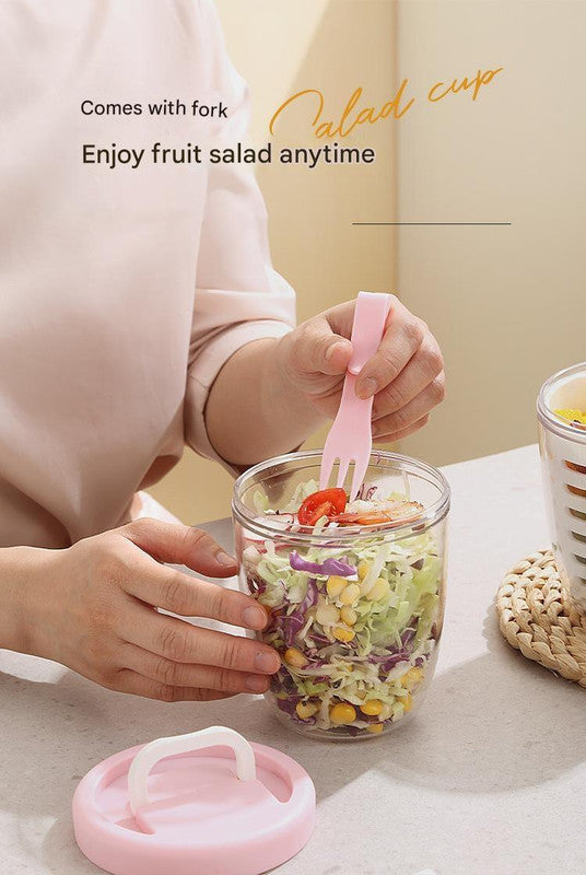 Pink Double Layer Salad Cup with Fork - Leak-proof Fruit Container, Drain Design, Portable Oatmeal and Picnic Jar