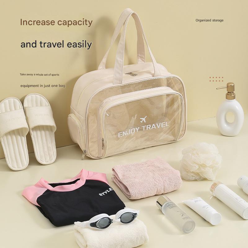 Waterproof beach bag with wet and dry separation, gym and swim storage bag, toiletries and cosmetic bag for swimsuits and goggles (Beige has shoe