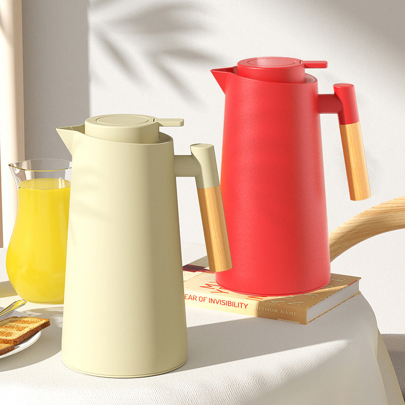 1000ml White thermos bottle with wooden handle, double-layer glass liner coffee pot, suitable for hot and cold drinks