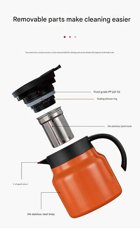 Orange 316 Stainless Steel Stewing Tea Kettle with Wooden Handle - Insulated Tea and Coffee Kettle with Infuser for Home and Office