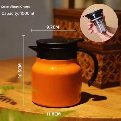 Orange 316 Stainless Steel Stewing Tea Kettle with Wooden Handle - Insulated Tea and Coffee Kettle with Infuser for Home and Office