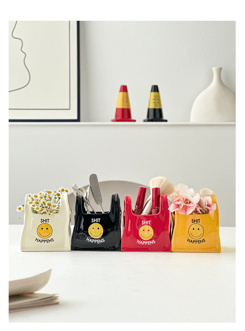 Black Ceramic Desktop Organizer - Cute Hand Shaped Pencil Holder and Makeup Brush Storage for Home a