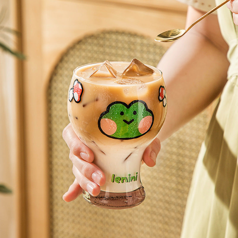 Mini Cartoon Glass Tumbler 400ml,Cute Beer and Juice Cup for Cold Drinks(Brown bear)