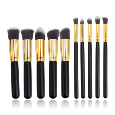 10-Piece Black and Gold Makeup Brush Set - Large and Small Brushes for Professional Beauty Application