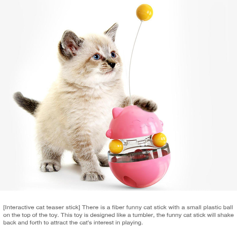 Cat Teaser Cup Toy, Interactive Treat Dispensing Ball with Wand (Blue)
