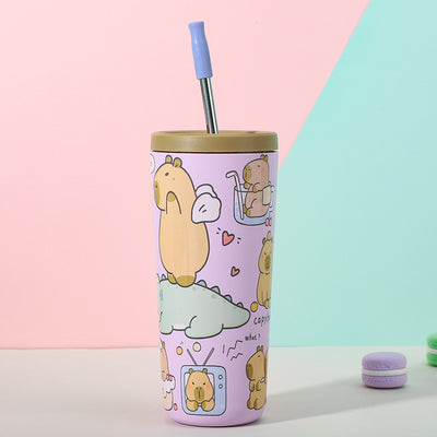 304 Stainless Steel Insulated Tumbler,Cartoon Design Portable Straw Cup for Home and Office(Lotus color)