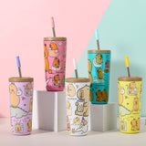 304 Stainless Steel Insulated Tumbler,Cartoon Design Portable Straw Cup for Home and Office(Lotus color) - Front View