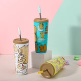 304 Stainless Steel Insulated Tumbler,Cartoon Design Portable Straw Cup for Home and Office(Lotus color) - Side View